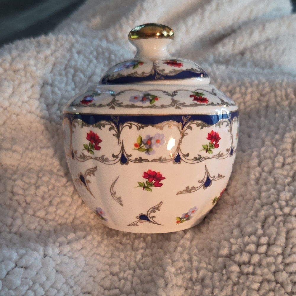 Charming Floral Porcelain Sugar Bowl with Gold Accents